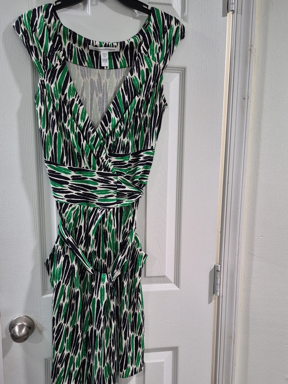 Diane Von Furstenberg Green Black and White Printed Midi Wrap Dress